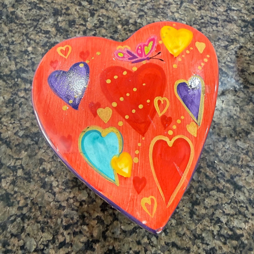 Hand Painted Ceramic Heart Trinket Box Red Purple Butterfly Footed Jewelry Dish